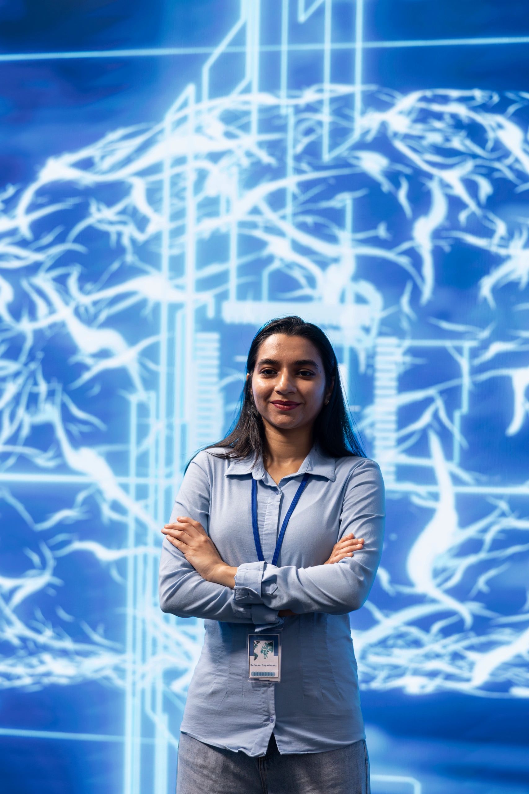 AI instructor standing in front of a digital neural network display
